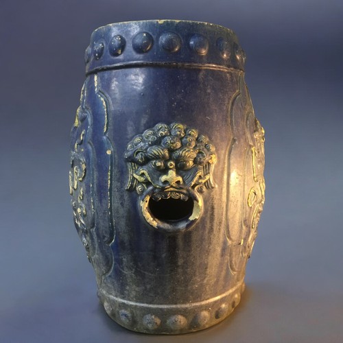 161 - A Chinese Qing Dynasty Barrel Shaped Earthenware Blue Glazed Garden Seat, Having Foo Dog Decoration ... 