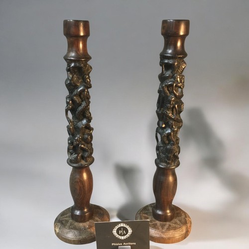 90 - Vintage Pair of Makonde Tribe Carved Ebony Sculpture Candlesticks.Height 39cm