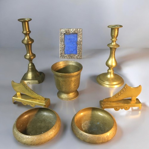 91 - Miscellany of Brass and Other items to include Antimony Japanese Photo Frame, Candle Sticks, Middle ... 