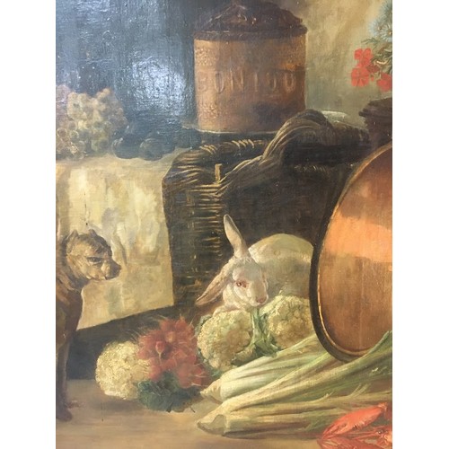 333 - A Very Large and impressive Still Life Oil on canvas. French, 19th century. Depicting & Dog and ... 