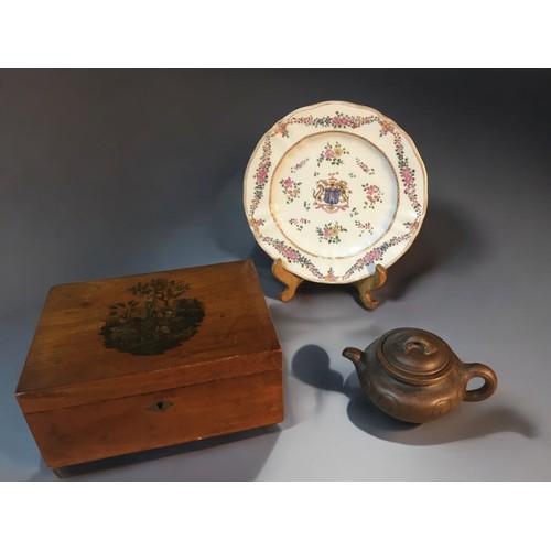 98 - A Chinese Yixing Clay Teapot Stamped to Base, Armorial Plate, and a Wooden Box with Oriental Transfe... 