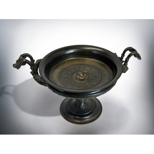 328 - A 19th century French 'Grand tour' bronze tazza.Twin vine & leaf handles, with central medallion... 