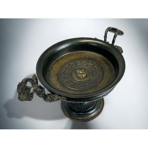 328 - A 19th century French 'Grand tour' bronze tazza.Twin vine & leaf handles, with central medallion... 