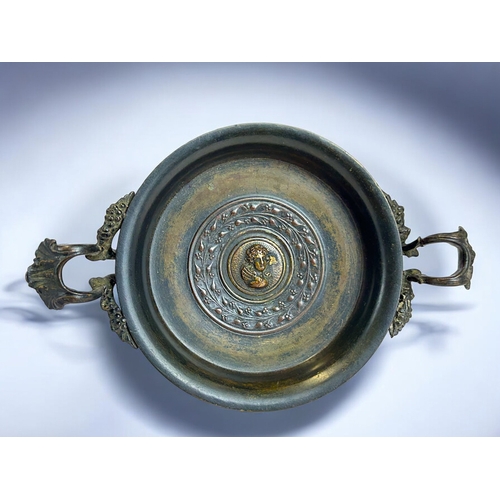 328 - A 19th century French 'Grand tour' bronze tazza.Twin vine & leaf handles, with central medallion... 