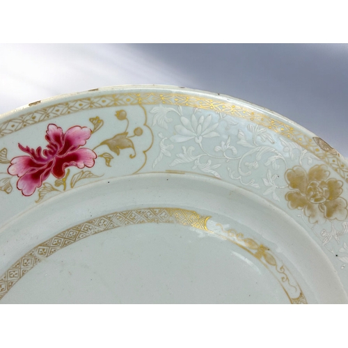 15 - A large Chinese export porcelain 'Bianco Sopra Bionco' Famille rose charger.Hand painted overglaze e... 