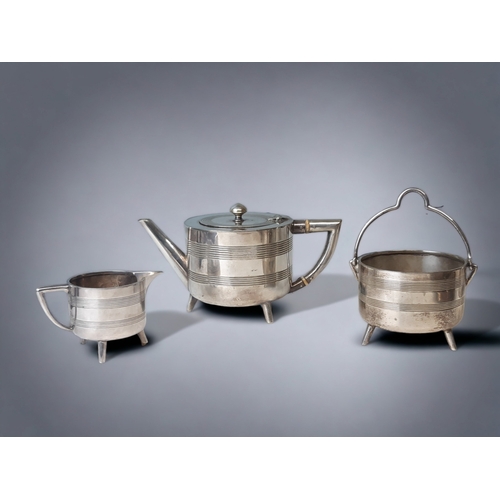 566 - A CHRISTOPHER DRESSER FOR HENRY WILKINSON SILVER PLATE TEA SET. TEAPOT - 12 X 21CM EXAMPLES FOUND ON... 