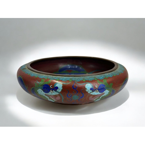 10 - A Chinese Cloisonne enamel bowl. Decorated with Large Dragon & pearl to interior. Outer rim with... 