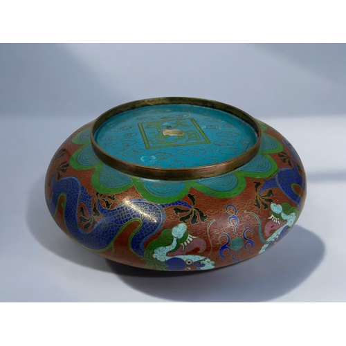 10 - A Chinese Cloisonne enamel bowl. Decorated with Large Dragon & pearl to interior. Outer rim with... 