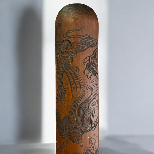 14 - A Japanese carved wood page turner.Meiji period. Carved bird & flora landscape.Length - 43cm... 