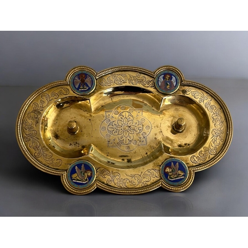 556 - A 19th century French gilt metal & enamel cruet stand.Inset with four enamel Evangelists (Tetram... 