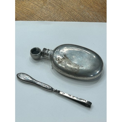 382 - Pewter gentleman`s hip flask and one pair of silver handled tweezers