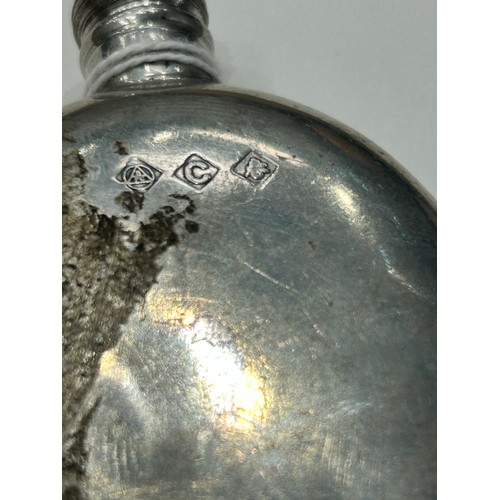 382 - Pewter gentleman`s hip flask and one pair of silver handled tweezers