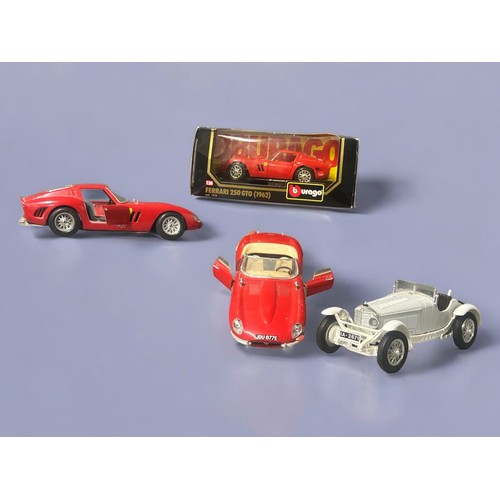 313 - A Burago Ferrari 250 GTO 1;24 New in box, with 3 1:18 Burago models including Ferrari GTO , Jaguar E... 