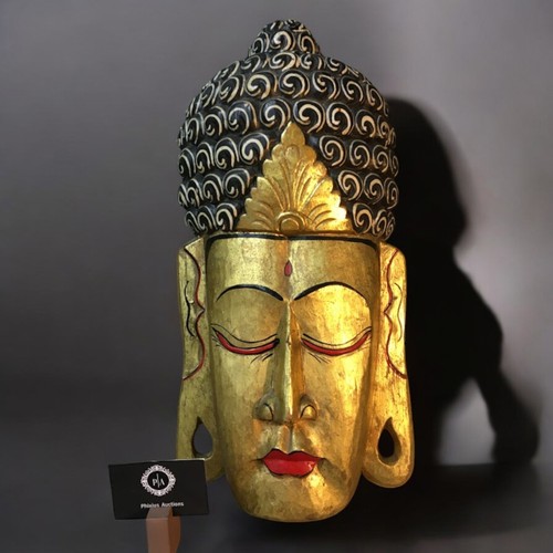 46 - Large Vintage Thai Buddha Mask Wall Hanging. Gilt and Hand Painted Decoration.H 54cm x wW 27cm.... 