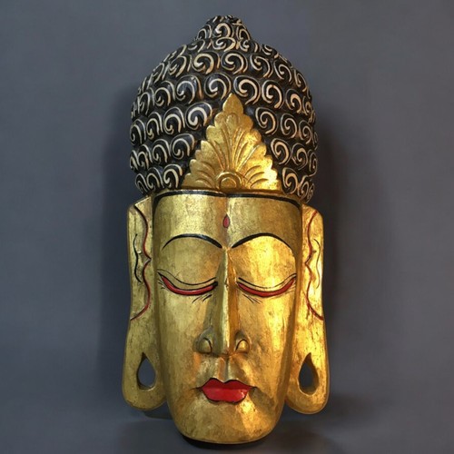 46 - Large Vintage Thai Buddha Mask Wall Hanging. Gilt and Hand Painted Decoration.H 54cm x wW 27cm.... 