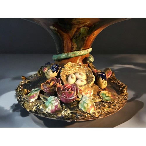 48 - A large French Barbotine Palissy style Jardiniere. Encrusted with flowers and entwined Snake to stem... 