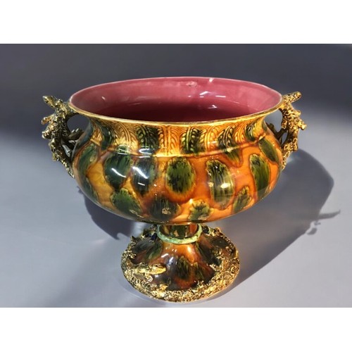 48 - A large French Barbotine Palissy style Jardiniere. Encrusted with flowers and entwined Snake to stem... 