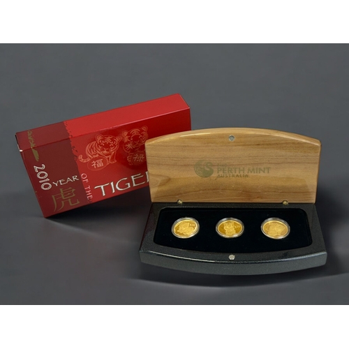 478 - Ltd edition boxed 24ct gold three coin proof set.2010 Year of the Tiger. Each coin depicts a Tiger c... 