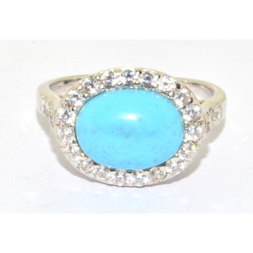 29 - 925 silver ladies Turquoise oval halo design open work setting ring size U