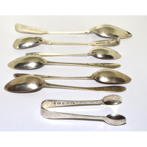 199 - Mixed silver Tea spoons together a pair of silver sugar nips 100g 