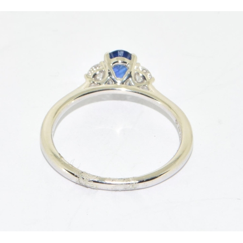 106 - Fine quality Platinum set pear shape Sapphire and Diamond three stone ring approx 80 points size K