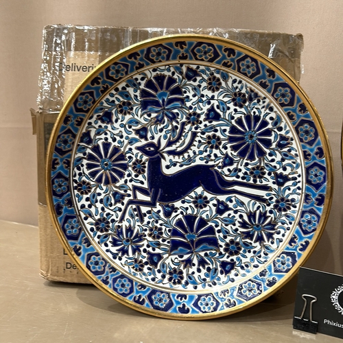 367 - 2 Large Mediterranean Ceramic plates features a blue ship and deer design, accented with floral moti... 