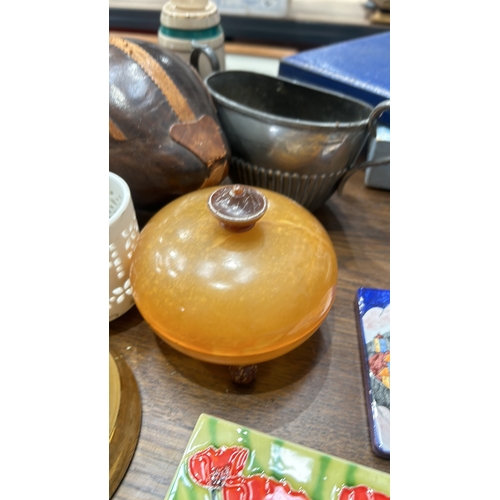 207 - Two vintage ceramic beer steins and an amber glass dish with lid. and a large collection of Antique ... 