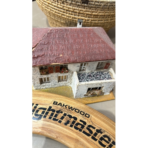 393 - Mixed lot featuring Bakwood Flightmaster wooden item, model house, vintage car wall art, and framed ... 