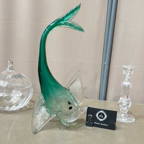 330 - Dartington Crystal Domed Bowl, Large Murano Glass Fish Figurine, and Crystal Candle Holder, elegantl... 