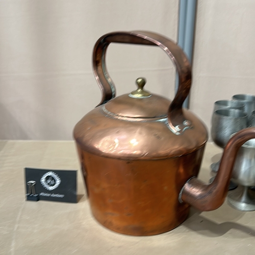 51 - Vintage copper kettle with brass accents, accompanied by a set of Selangor pewter goblets, marked 