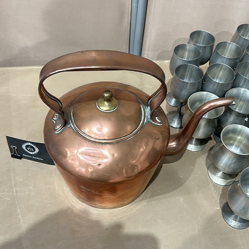 51 - Vintage copper kettle with brass accents, accompanied by a set of Selangor pewter goblets, marked 