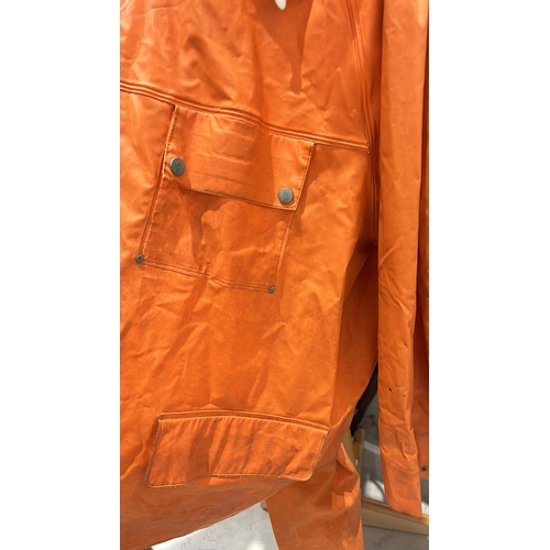 239 - Vintage Helly Hansen PVC waterproof orange rain suit with adjustable suspenders and snap button deta... 