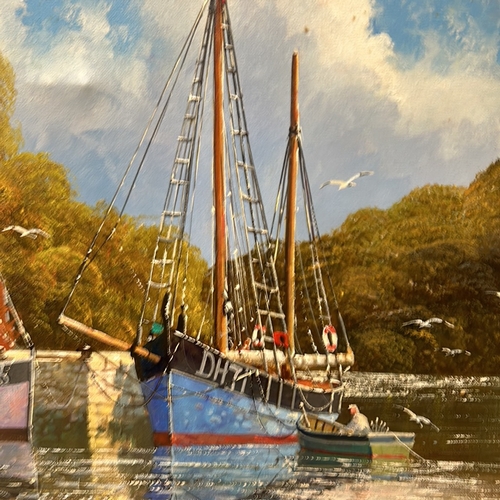 189 - Oil painting depicts a serene harbor scene with moored boats, framed in a carved wooden frame. Artis... 