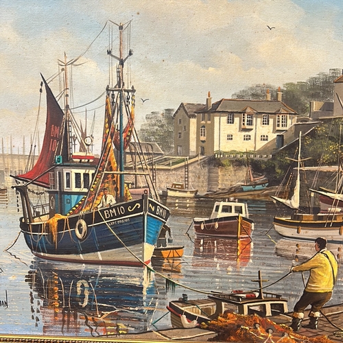 190 - Oil painting depicts a vibrant harbor scene with boats and buildings, rich colors, and detailed brus... 