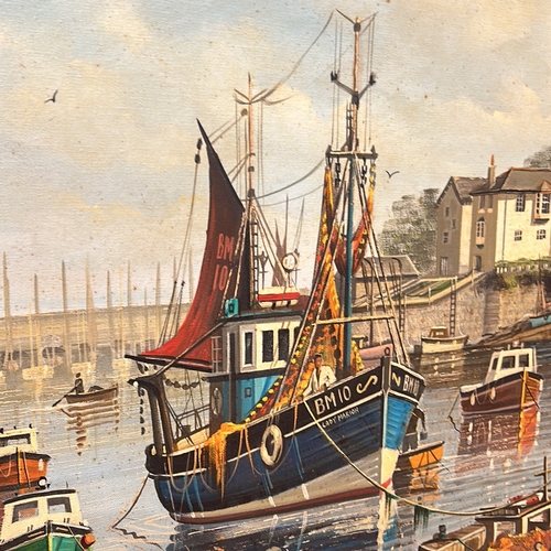 190 - Oil painting depicts a vibrant harbor scene with boats and buildings, rich colors, and detailed brus... 