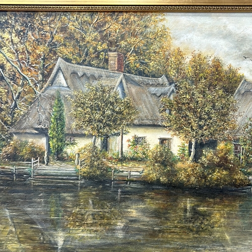 191 - Oil on canvas landscape depicts a serene riverside cottage scene, with autumnal foliage and reflecti... 