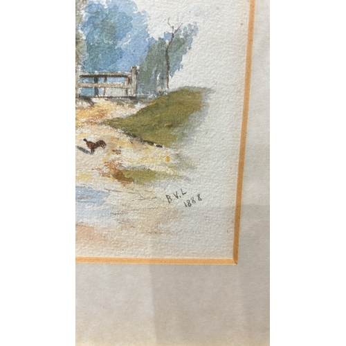 192 - Watercolor landscape painting, signed B.V.L, dated 1888. It depicts a rustic cottage by a river, sur... 