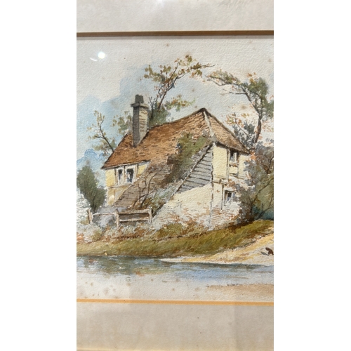 192 - Watercolor landscape painting, signed B.V.L, dated 1888. It depicts a rustic cottage by a river, sur... 