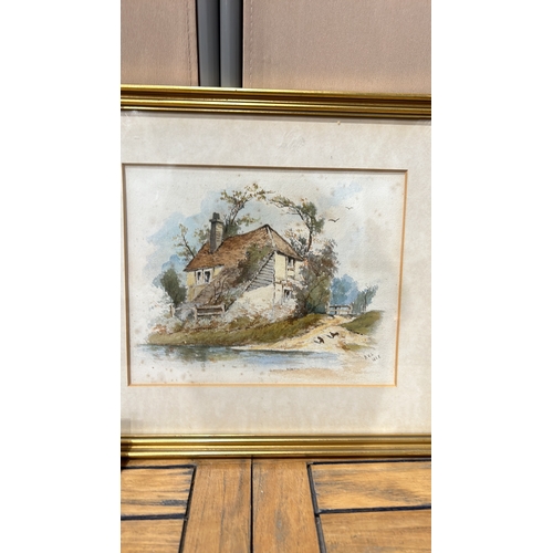 192 - Watercolor landscape painting, signed B.V.L, dated 1888. It depicts a rustic cottage by a river, sur... 