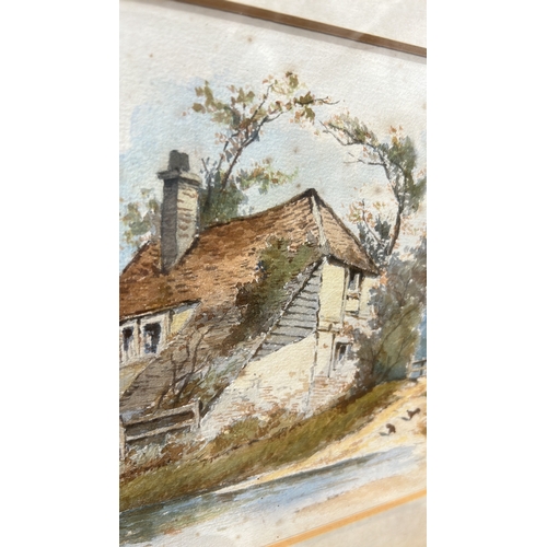 192 - Watercolor landscape painting, signed B.V.L, dated 1888. It depicts a rustic cottage by a river, sur... 