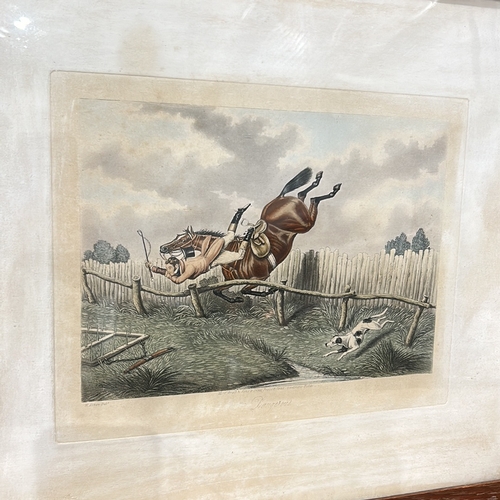 193 - a set of three hunting  setting. Mid-hi 19th century prints. Framed in wood.