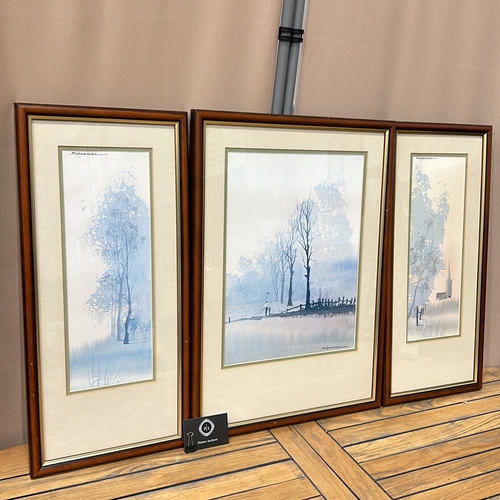 194 - Set of three scenic watercolor prints, signed by the artist, featuring landscapes with trees and a c... 