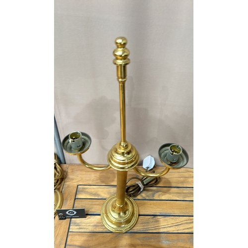 356 - House of Fraser brass table lamp, model P30B193QN, with dual light fittings, dated 26/8/99.