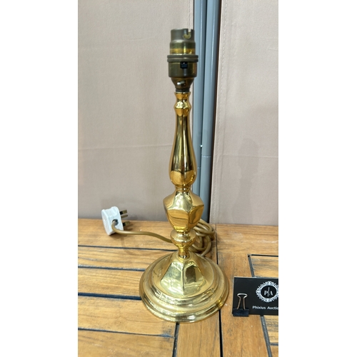 356 - House of Fraser brass table lamp, model P30B193QN, with dual light fittings, dated 26/8/99.