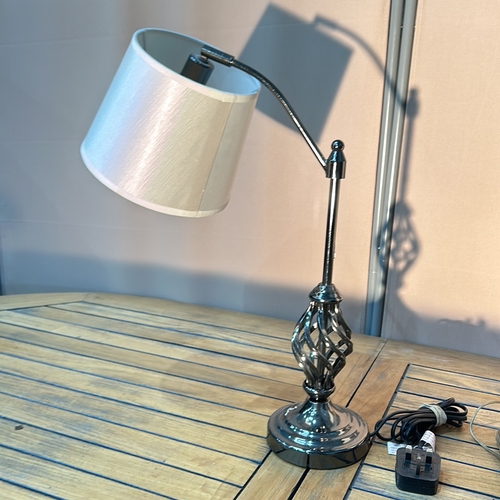 357 - Contemporary metal table lamp with twisted column design and neutral fabric shade and a Parian Examp... 