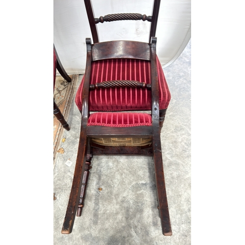 113 - Set of three Regency mahogany dining chairs featuring spiral turned supports and red striped velvet ... 