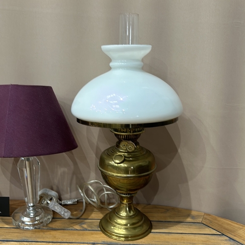 352 - An Antique Brass Lamp With a pair of Contempry Glass lamps