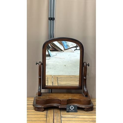 111 - Victorian mahogany dressing table mirror with swan neck supports, an elegantly curved base, and an a... 