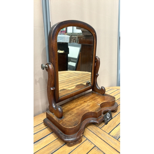 111 - Victorian mahogany dressing table mirror with swan neck supports, an elegantly curved base, and an a... 