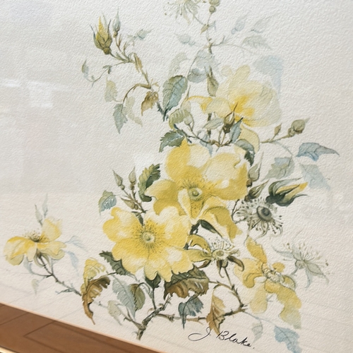 176 - Pair of watercolor floral prints, each featuring delicate yellow blossoms. Signed by J. Blake artist... 